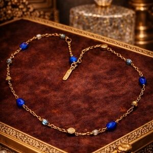 HOLLY YASHI RARE VINTAGE HANDCRAFTED NECKLACE GOLD TONE WITH BLUE VENETIAN GLASS